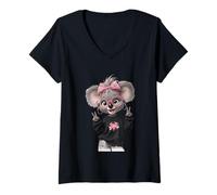 Mujer Lindo Koala Oso Rosa Gafas Signo de Paz Kawaii Animal mamá Camiseta Cuello V