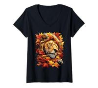 Mujer Lindo león Durmiente con Hojas de otoño estética felino Camiseta Cuello V