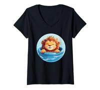 Mujer Lindo león en la piscina para días calurosos y amantes de los leones Camiseta Cuello V