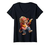 Mujer Lindo León Tocando Guitarrista Animal Día de San Valentín Camiseta Cuello V