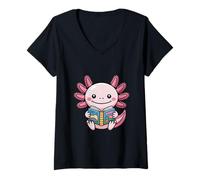 Mujer Lindo Libro de Lectura de ajolote de Dibujos Animados educación diseño Animal Camiseta Cuello V