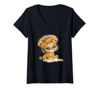 Mujer Lindo Libro de Lectura de Cachorro de león con Diadema Camiseta Cuello V