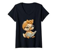 Mujer Lindo Libro de Lectura de Patito con Camiseta Cuello V