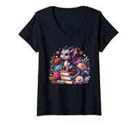 Mujer Lindo libro floral para niñas con diseño de dragón Cottagecore Camiseta Cuello V