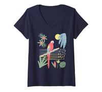 Mujer Lindo Loro Tropical pájaro Selva Hojas Atardecer Isla Arte Camiseta Cuello V