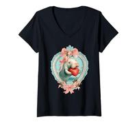 Mujer Lindo manatí San Valentín con corazón Coqueta de Animales Vintage Camiseta Cuello V