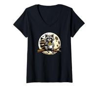 Mujer Lindo Mapache Comiendo Fideos Moonlight Art Camiseta Cuello V