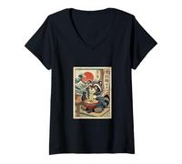 Mujer Lindo Mapache Comiendo Fideos Ramen - Estilo japonés Ukiyo-e Camiseta Cuello V