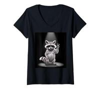 Mujer Lindo Mapache con Gafas de Sol sosteniendo Signo de Paz Camiseta Cuello V
