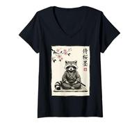 Mujer Lindo Mapache samurái Sentado bajo Flores de Cerezo Arte de Tinta Camiseta Cuello V