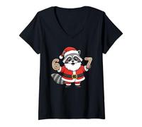 Mujer Lindo Mapache Santa Claus Número 6 y 7 Raccoon Pajamas Xmas Camiseta Cuello V
