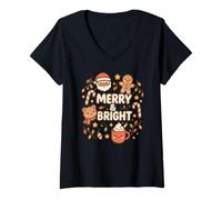 Mujer Lindo Merry & Bright Christmas Santa Bear Gingerbread Cocoa Camiseta Cuello V