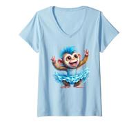 Mujer Lindo Mono bebé bailarín Azul Mohawk Tutu Paz Camiseta Cuello V
