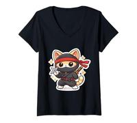 Mujer Lindo Ninja Cat Dueño Amante Kawaii Comic Anime Manga Felino Camiseta Cuello V