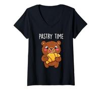 Mujer Lindo Oso Croissant Pastelería Dibujos Animados Panadería Arte Animal Francés Camiseta Cuello V