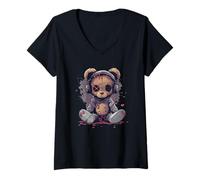 Mujer Lindo oso de peluche escucha música Camiseta Cuello V