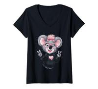 Mujer Lindo Oso Koala Rosa Gafas Signo de Paz Divertido Animal mamá Camiseta Cuello V