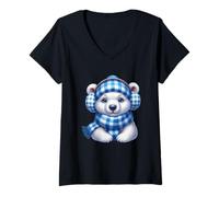 Mujer Lindo Oso Polar en Equipo de Invierno a Cuadros Azules Camiseta Cuello V