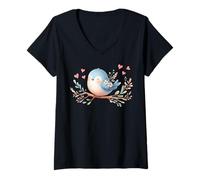 Mujer Lindo pájaro azul con flores y corazones Camiseta Cuello V