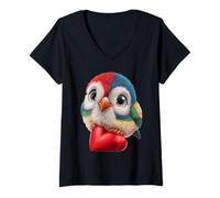 Mujer Lindo pájaro colorido sosteniendo corazón rojo divertido arte ilustración Camiseta Cuello V