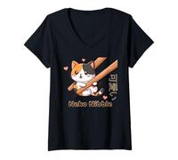 Mujer Lindo palillo Kawaii Neko Nibble Calico Cat Meme Camiseta Cuello V