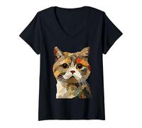 Mujer Lindo Patchwork Gato de Pelo Corto británico Boho Collage Arte de Colcha Camiseta Cuello V