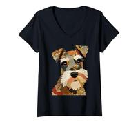 Mujer Lindo Patchwork Schnauzer Dog Boho Collage Quilt Art Graphic Camiseta Cuello V