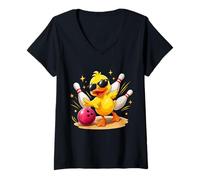 Mujer Lindo Pato con Gafas de Sol Jugando Bolos Divertido Jugador de Bolos Camiseta Cuello V
