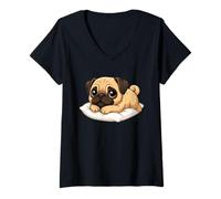 Mujer Lindo perezoso perro de dibujos animados acostado en almohada Camiseta Cuello V