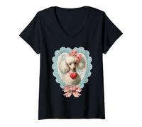 Mujer Lindo Perro de San Valentín caniche con corazón Coqueta Vintage Camiseta Cuello V