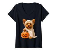 Mujer Lindo Perro Fantasma Yorkshire Terrier Calabaza de Halloween Camiseta Cuello V