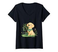 Mujer Lindo perro golden retriever plantando flores Día de la Tierra cachorro Camiseta Cuello V