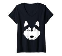 Mujer Lindo Perro Husky Cara Minimalista Animal gráfico Husky Camiseta Cuello V