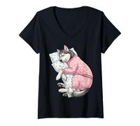 Mujer Lindo Perro Husky Siberiano durmiendo en Pijama Arte para Dormir Camiseta Cuello V