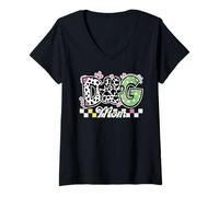 Mujer Lindo perro mamá vaca impresión pata estrella patrón tablero de ajedrez corazón Camiseta Cuello V