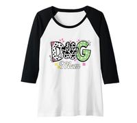 Mujer Lindo perro mamá vaca impresión pata estrella patrón tablero de ajedrez corazón Camiseta Manga Raglan