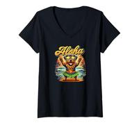 Mujer Lindo perro Rottweiler Hawaiian Hula Luau Sunset Tropical Beach Camiseta Cuello V