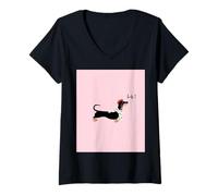 Mujer Lindo Perro Salchicha en Boina roja Dice Hola Rosa Camiseta Cuello V