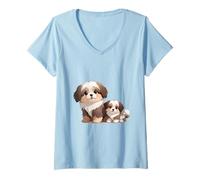 Mujer Lindo Perro Shih Tzu y Cachorro Adorable Arte canino Camiseta Cuello V