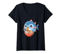 Mujer Lindo Pescado Comiendo Ramen Kawaii Arte Amante de la Comida Camiseta Cuello V