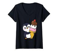 Mujer Lindo pingüino Abrazando Helado Cono Kawaii Dibujos Animados Dulce Arte Camiseta Cuello V