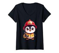 Mujer Lindo pingüino Bombero Divertido para niños Camiseta Cuello V