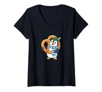 Mujer Lindo pingüino de Dibujos Animados con Pretzel diseño de Baviera Camiseta Cuello V