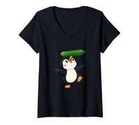 Mujer Lindo pingüino Equilibrio Pepino Dibujos Animados Arte Camiseta Cuello V