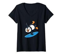 Mujer Lindo Pingüino Surfing Divertido Verano Animal Playa Surf Camiseta Cuello V