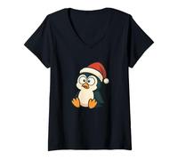 Mujer Lindo pingüino Torpe en diseño de Sombrero de Navidad Camiseta Cuello V