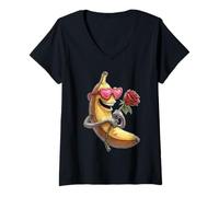 Mujer Lindo plátano con Gafas de corazón Rosa Kawaii día de San Valentín Camiseta Cuello V
