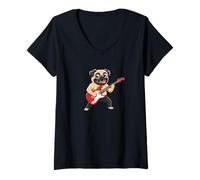 Mujer Lindo Pug De Dibujos Animados Guitarrista Músico Perro Camiseta Cuello V