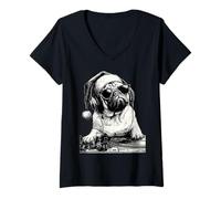 Mujer Lindo Pug DJ con Gafas de Sol Papá Noel Perro Navidad Música Camiseta Cuello V