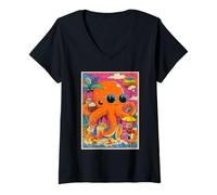 Mujer Lindo Pulpo con Gafas de Sol Tropical Summer Dreamy Beach Camiseta Cuello V